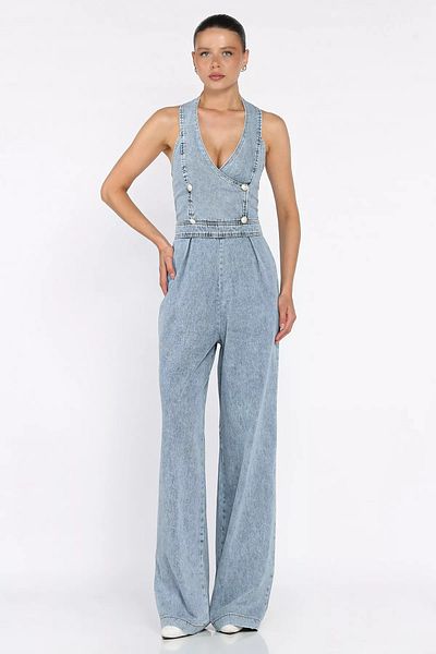 GÜLSELİ Ice Blue Front Button Detailed Women's Jean Denim Jumpsuit