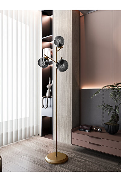 avizade AURA 3'lü Eskitme Metal Füme Cam Küre Lambader - Metal Gövdeli Modern Yer Lambası