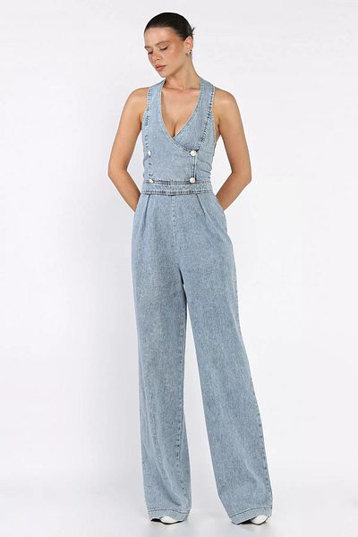 GÜLSELİ Ice Blue Front Button Detailed Women's Jean Denim Jumpsuit