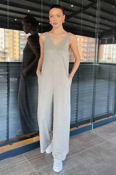 GÜLSELİ Dark Gray Women's Pocketed Wide Leg Jumpsuit