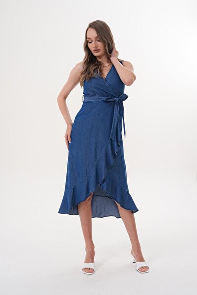 Flame İstanbul Butik Μίντι τζιν μπλε φόρεμα με βολάν MCK5066