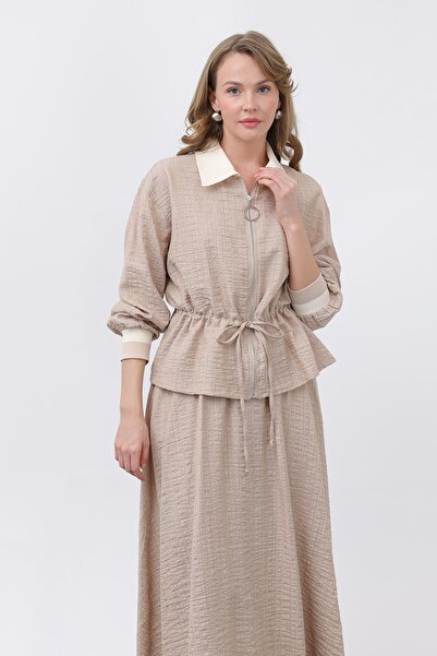 Puane Women's Elastic Waist and Ribbed Skirt Suit - 14330Tks - Camel-Beige