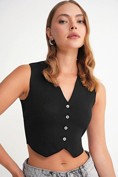 Mixray 6827 Women's V-Neck Buttoned Summer Knitwear Vest Black