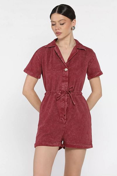 GÜLSELİ Burgundy Sleeve Folded Waist Lace-Up Jean Denim Overalls