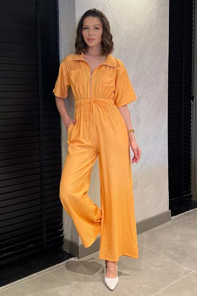 GÜLSELİ Mustard Half Zipper Waist Elastic Short Sleeve Jumpsuit