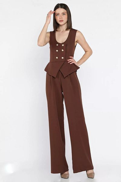 GÜLSELİ Brown Women's Button Detailed Zero Sleeve Jumpsuit
