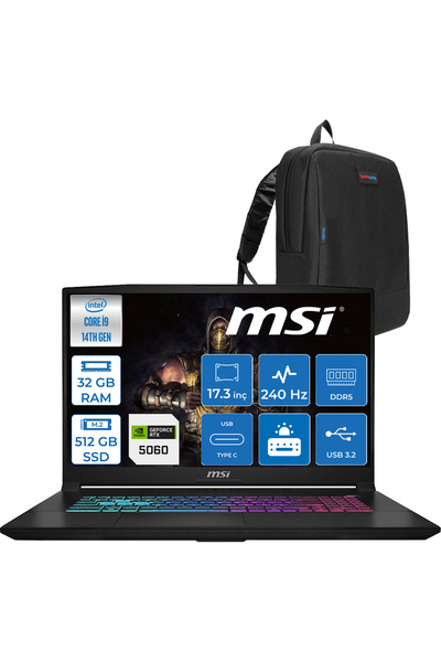 MSI Katana 17 Hx İ9-14900HX 32GB 512GB SSD 8GB/RTX5060 115W 17.3" Qhd 240Hz IPS Freedos W217TRF07