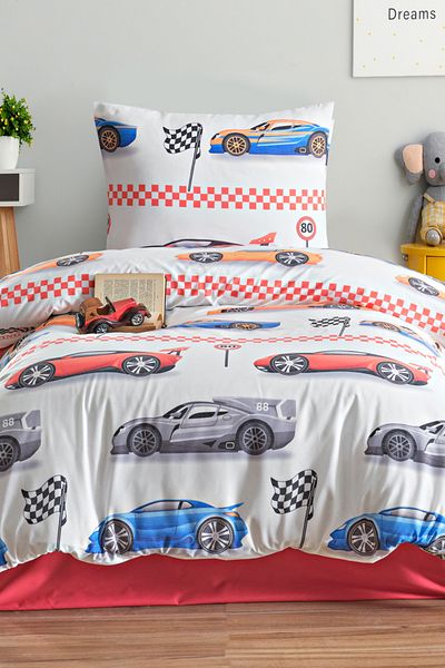 Eponj Home Single Cotton Duvet Cover Set 3 Pieces – Nascar Pattern – Red / Soft Texture