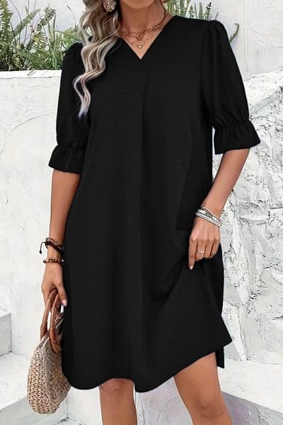 Mossta V-Neck Sleeve Detailed Loose Cut Crepe Dress - Black