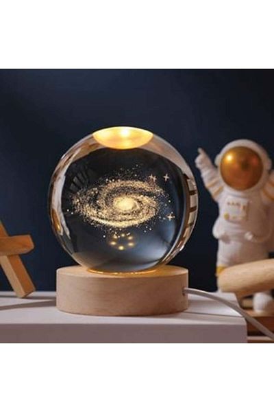 OEM Decorative Glass Sphere with Wooden Base and 3D Galaxy Light, 7 Colors & USB Cable