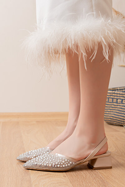 bakacstore Kadın Ten Şeffaf Boncuklu Günlük Gelinlik Çeyizlik Topuklu Ayakkabı