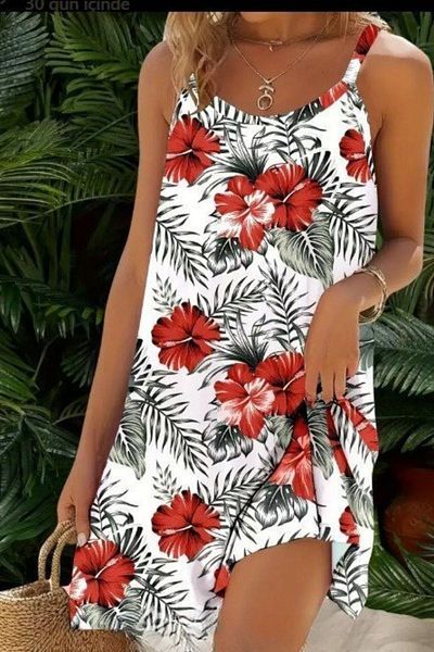Mossta Floral Patterned Single Jersey Dress with Rope Straps - Red