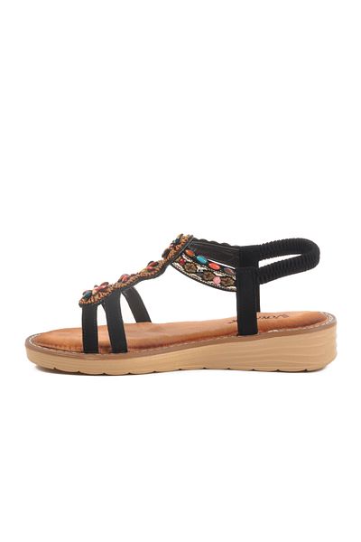 Voyager Black Genuine Leather Stone Embroidered Women's Sandals 9634 Z