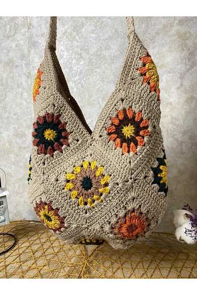 Masal Örgü Evi Fairy Tale Colorful Handmade Knitted Women's Shoulder Bag Crochet Tote Bag