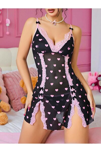 CHI'LA Collection Φανταχτερό νυχτικό με μαύρο σχέδιο καρδιάς και κεντημένη δα...