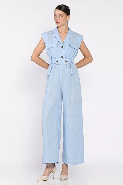 GÜLSELİ Blue Waist Elastic Belted Linen Jumpsuit