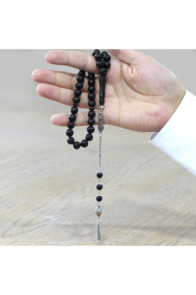 Tesbihane Tarnish Free Metal Albanian Chain Tassel Sphere Cut Ebony Wood Prayer Beads
