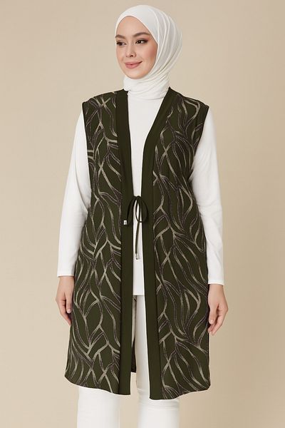 Ravencia Women's Silvery Line Patterned Khaki Tunic Vest