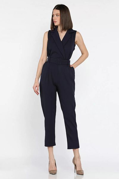 GÜLSELİ Navy Blue Belted Double Breasted Collar Zero Sleeve Women's Jumpsuit