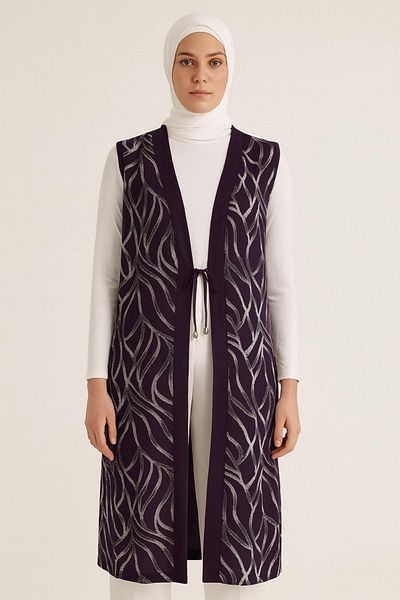 Ravencia Women's Glitter Line Patterned Purple Tunic Vest