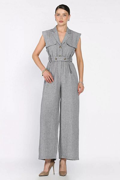 GÜLSELİ Gray Waist Elastic Belted Linen Jumpsuit