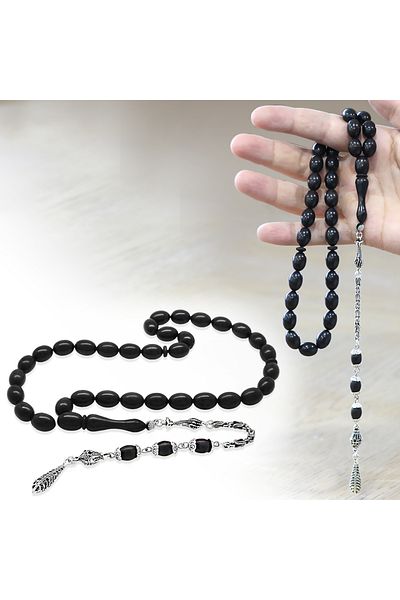 Tesbihane Non-Tarnish Metal King Chain Tassel Special Cut Ebony Wood Prayer Beads