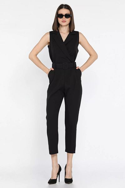 GÜLSELİ Black Belted Double Breasted Collar Zero Sleeve Women's Jumpsuit