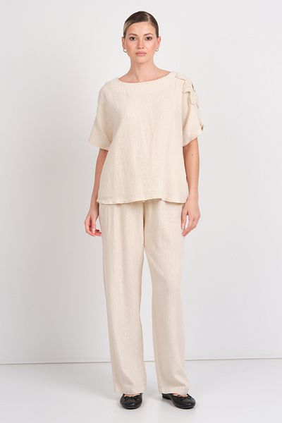 WIENELLA Women's Bali Elastic and Lacing Detailed Linen Trousers 5158 Beige