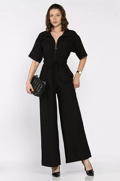 GÜLSELİ Black Half Zipper Waist Elastic Short Sleeve Jumpsuit