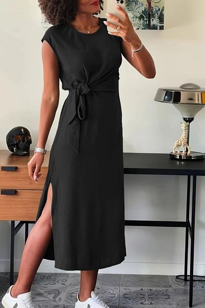 Mossta Lacing Detailed Slit Midi Aerobin Dress - Black