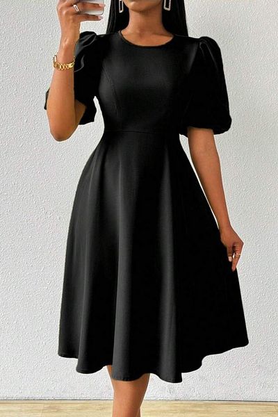 Mossta Balloon Sleeve Round Neck Midi Dress - Black