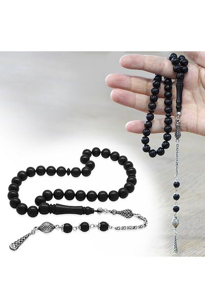 Tesbihane Tarnish Free Metal Albanian Chain Tassel Sphere Cut Ebony Wood Prayer Beads