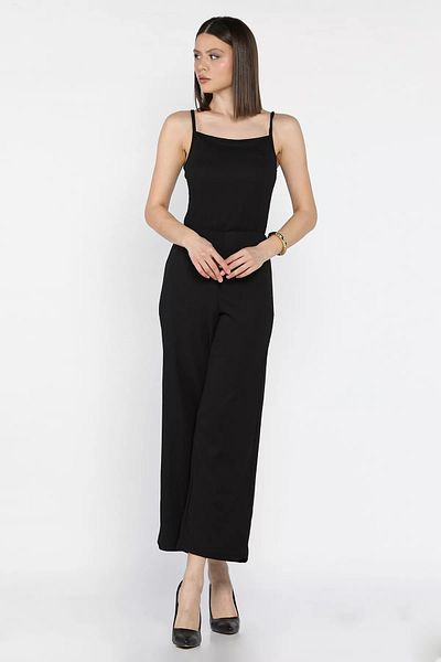 GÜLSELİ Black Women's Jumpsuit with Rope Strap and Elastic Waist