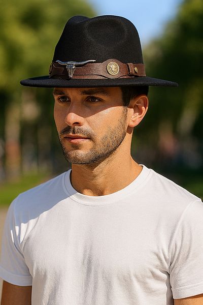 LAGRANZE Men's Cowboy Fedora Hat with Longhorn Figure Metal Detail