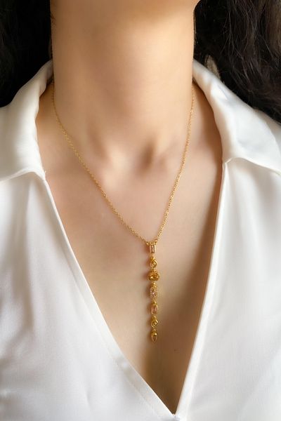 DEMOKAN Women's Steel Necklace Pink Stone Pearl Element Necklace