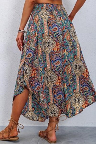 Mossta Fusta cu talie înaltă, cu tăietură asimetrică, cu șireturi și volane - cu imprimeu