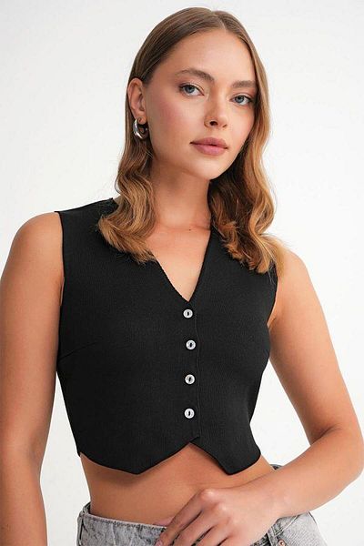 Mixray 6827 Vestă de tricotaj de vară cu decolteu în V pentru femei, neagră