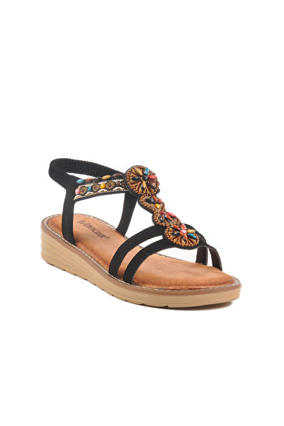 Voyager Black Genuine Leather Stone Embroidered Women's Sandals 9634 Z