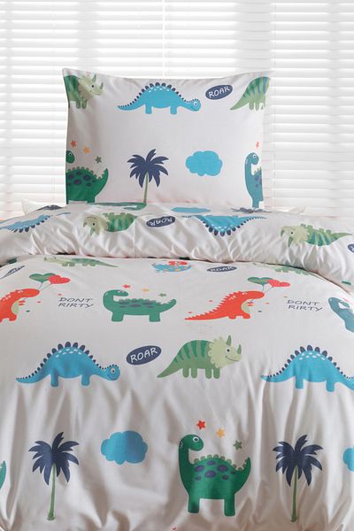 Eponj Home Single Cotton Duvet Cover Set 3 Pieces – Dinocuklar Pattern – White / Soft Textured