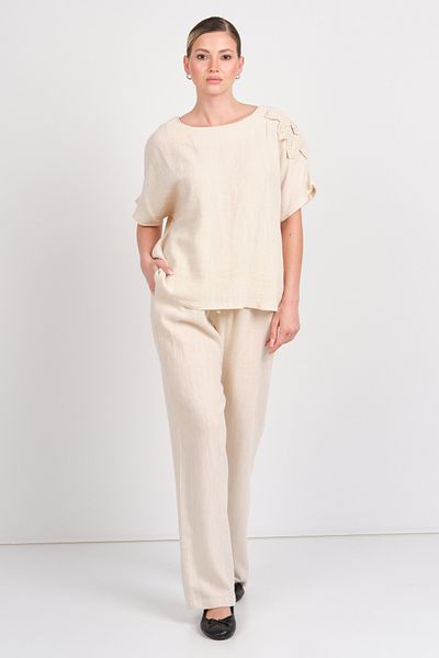 WIENELLA Women's Bali Elastic and Lacing Detailed Linen Trousers 5158 Beige