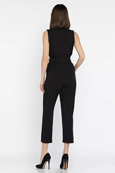 GÜLSELİ Black Belted Double Breasted Collar Zero Sleeve Women's Jumpsuit