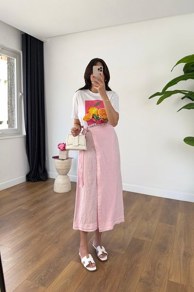 BİRCANÇİL Dolly Pink Premium Linen Skirt with Tie Detail