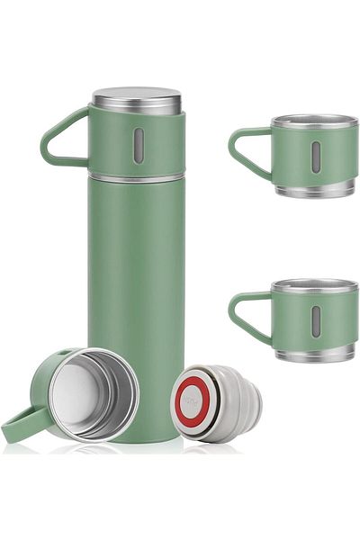divendi-ro Stainless steel thermos flask 500ml with emptying function, double walled plus 2 mugs, hot and cold