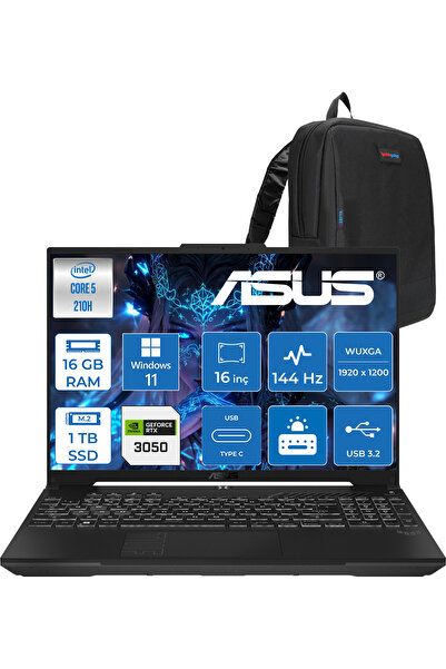 ASUS Tuf Gaming F16 FX607VJ 5-210H 16GB 1tb SSD RTX3050 6gb 16 Inç Wuxga 144Hz IPS WIN11PRO RL033P08
