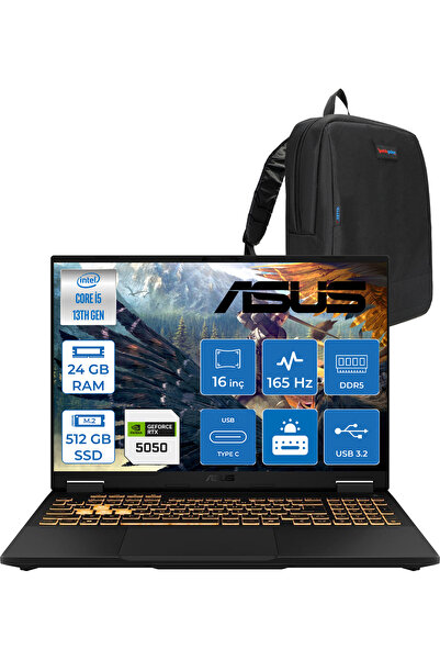 ASUS Tuf F16 FX608JH İ5-13450HX 24GB 512GB SSD 8GB/RTX5050 115W 165Hz 16" Fhd...