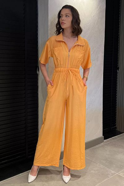 GÜLSELİ Mustard Half Zipper Waist Elastic Short Sleeve Jumpsuit