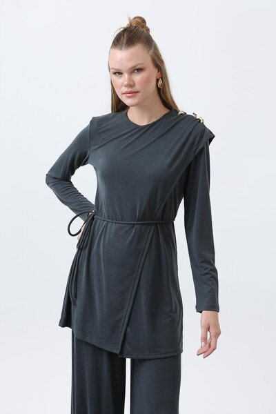 Puane Women's Shoulder Button Detailed Double Breasted Tunic Trousers Suit - 14341Tks - Dark Anthracite