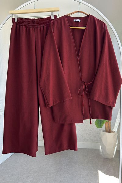Salih Çelebi Side Tie Kimono Set 3000 - Claret Red