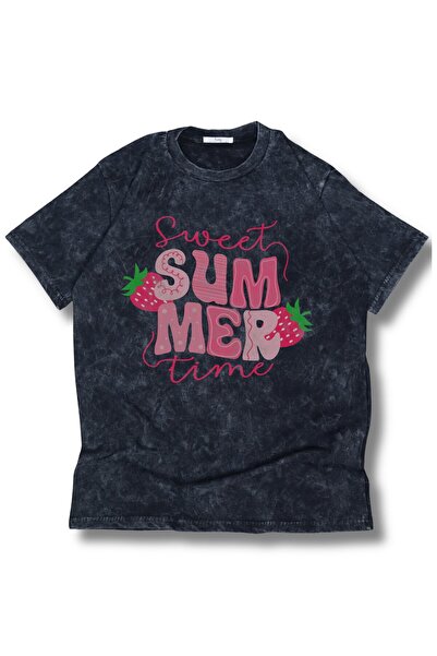 Fuddy Moda Тениска с щампа "Сладко лято" с овъглено изпиране, унисекс ретро т...