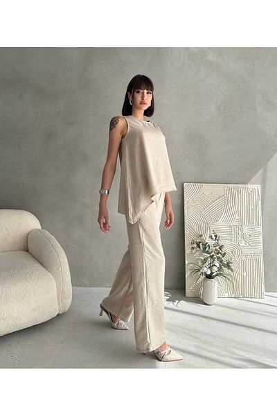 Maison La Femme Σετ γυναικεία υφαντή μπλούζα παντελόνι